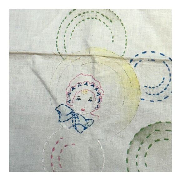 Vintage Hand Embroidered Baby Doll Child Faces & Printed Fabric  56.5 x 33.5 SEE - Picture 6 of 7